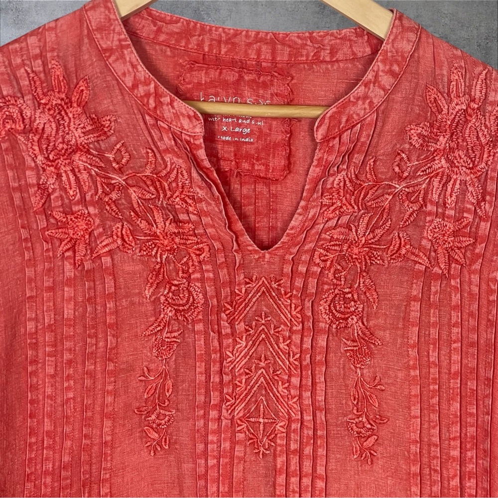 Karyn Seo Coral Linen Tunic Top Womens XL Embroidered Pintuck Pleat Pullover - Picture 2 of 8